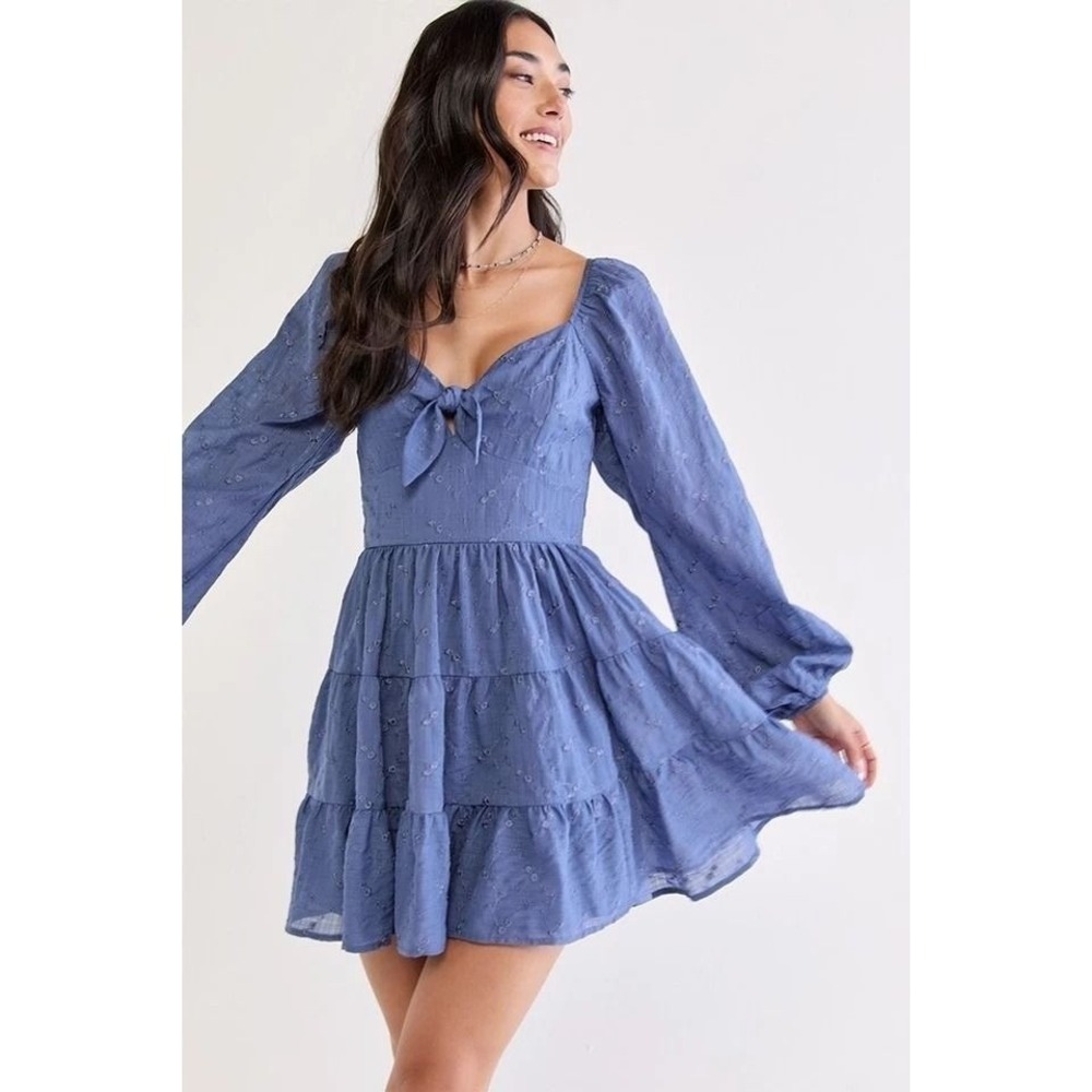 NWT TRIXXI DRESS XL Bridgette Jacquard Tie Front Mini Blue Coquette Bow $60